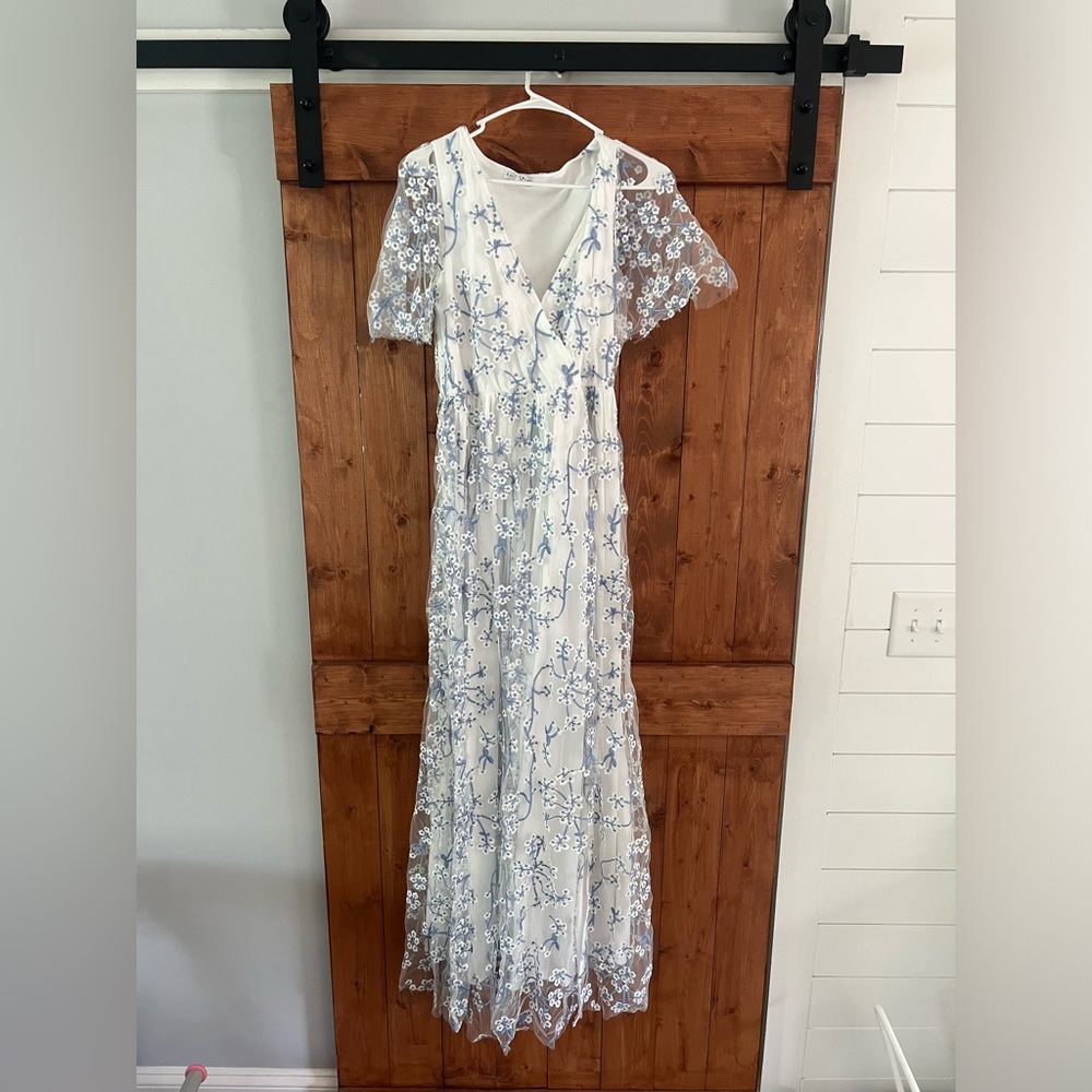 Baltic Born Marseille White Blue Embroidered Maxi Dress
